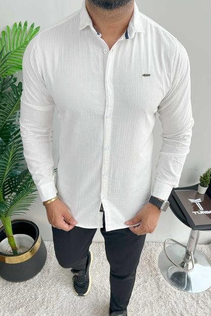 Turbo Organic MonoChromatic Long Sleeve Cotton Casual Shirt in White