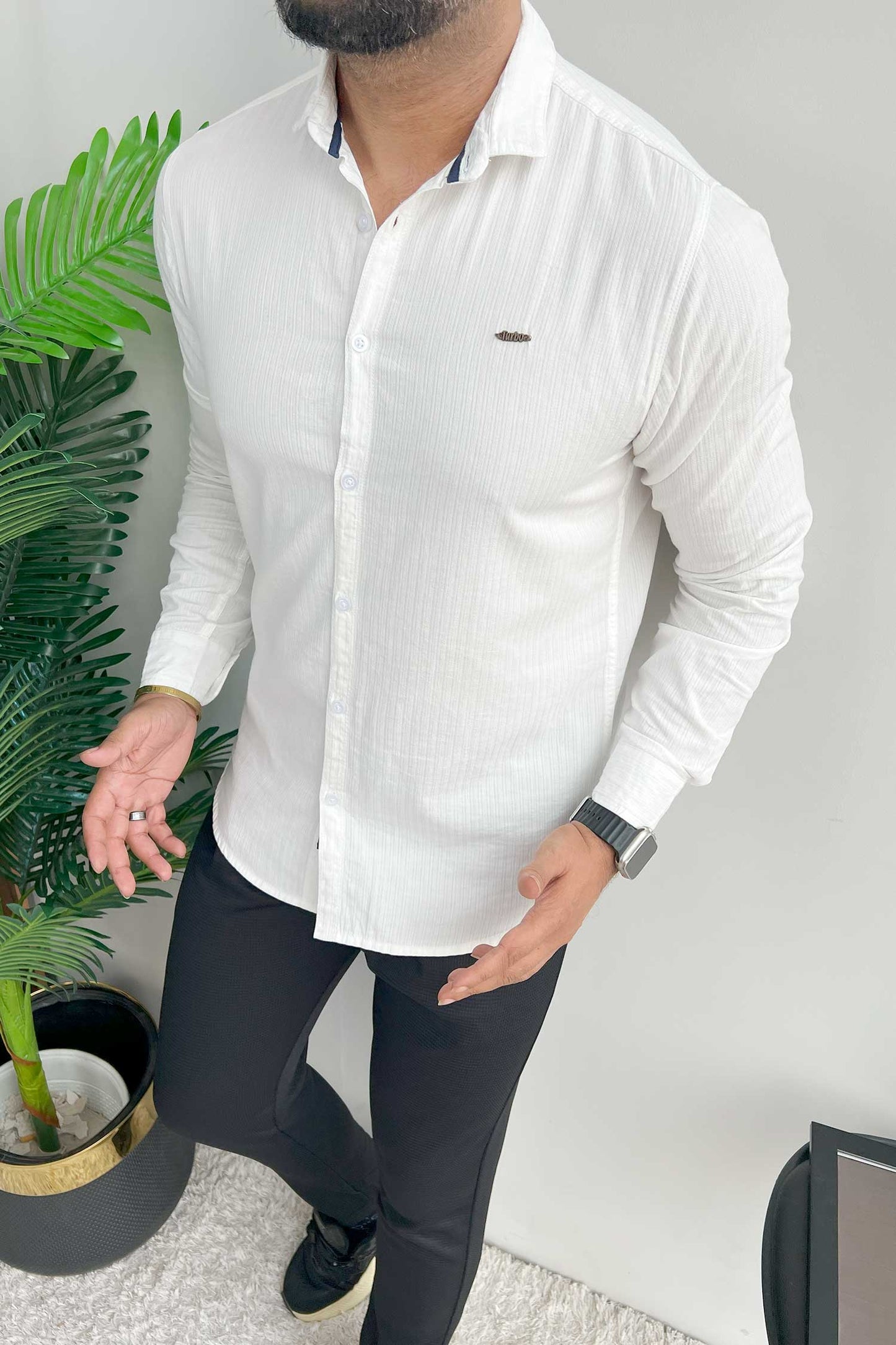Turbo Organic MonoChromatic Long Sleeve Cotton Casual Shirt in White