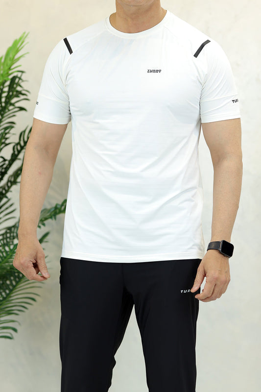 Turbo Sport Shoulder Striped Breathable Dry-Fit Tee In White