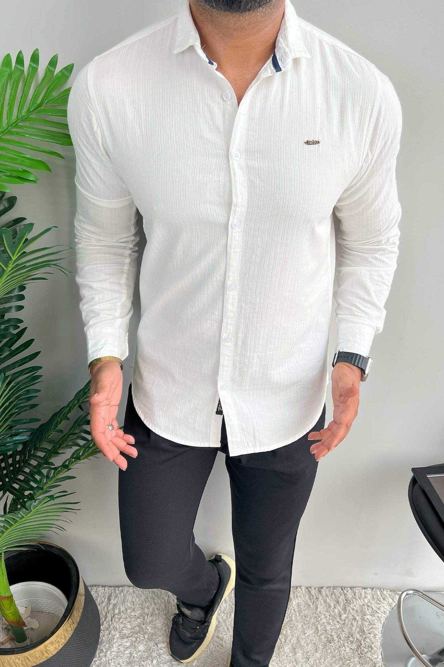 Turbo Organic MonoChromatic Long Sleeve Cotton Casual Shirt in White