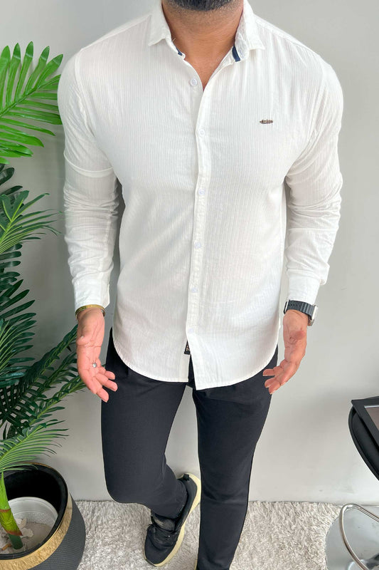 Turbo Organic MonoChromatic Long Sleeve Cotton Casual Shirt in White