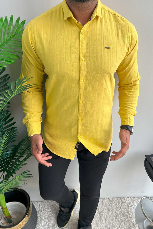 Turbo Billy Textured Knit Long Sleeve Cotton Casual Shirt In Yellow