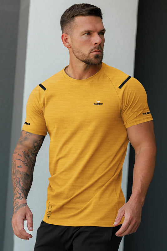 Turbo Sport Shoulder Striped Breathable Dry-Fit Tee In Mustard Yellow