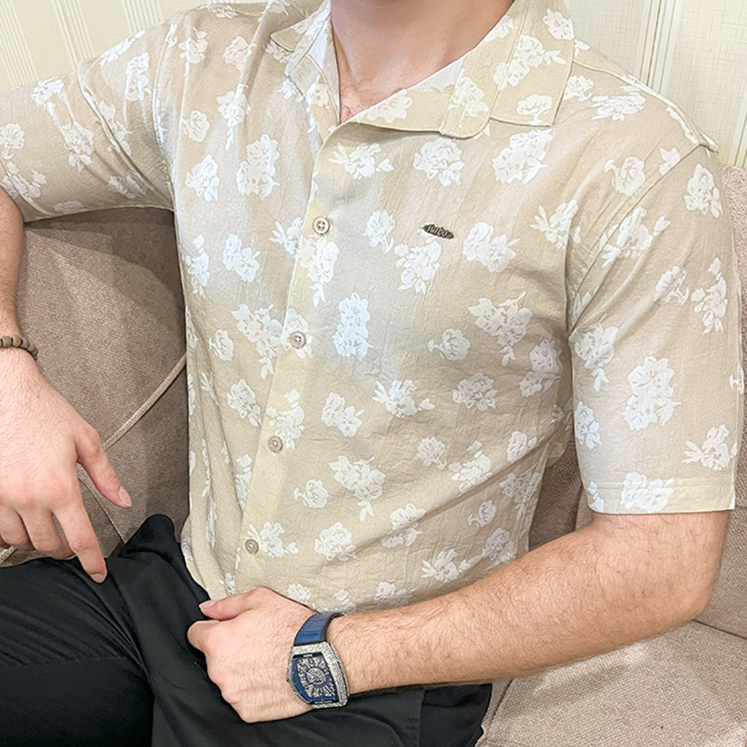 Turbo Rich Floral Printed Casual Shirt In Beige