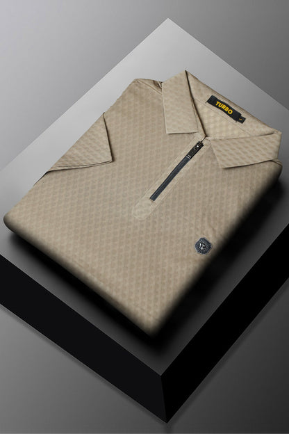 Turbo Tri-Angle Pattern Zip-Collar Men's Polo Shirt In Beige