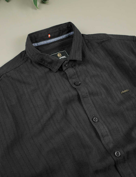 Turbo Billy Textured Knit Long Sleeve Cotton Casual Shirt In Black