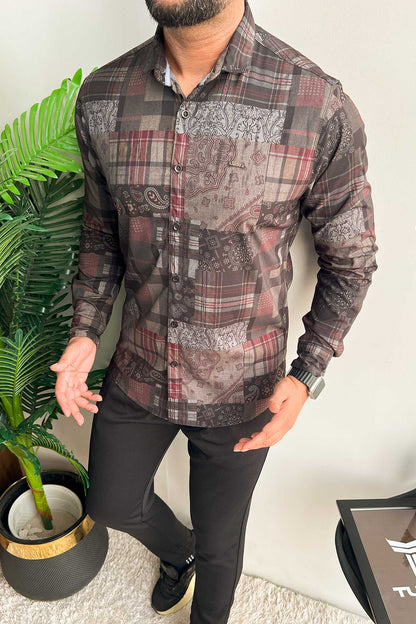 Turbo Checkered Crown Long Sleeve Cotton Casual Shirt In Charcoal Black