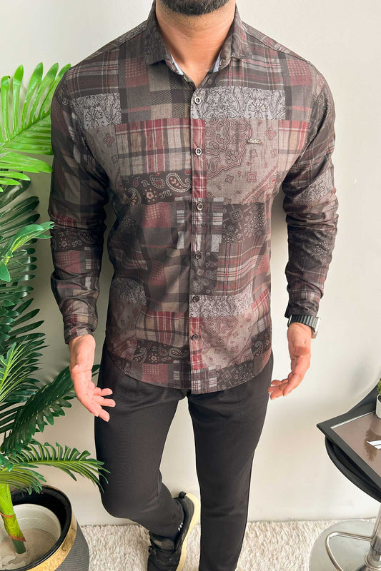 Turbo Checkered Crown Long Sleeve Cotton Casual Shirt In Charcoal Black