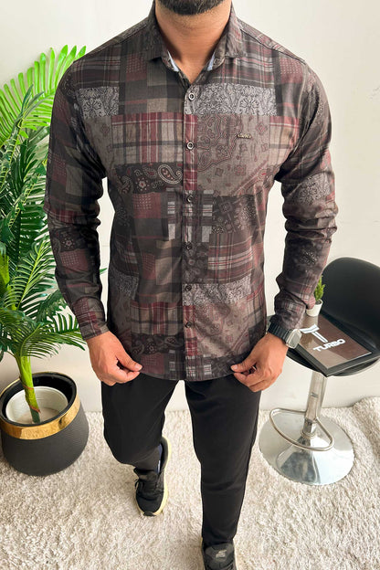 Turbo Checkered Crown Long Sleeve Cotton Casual Shirt In Charcoal Black