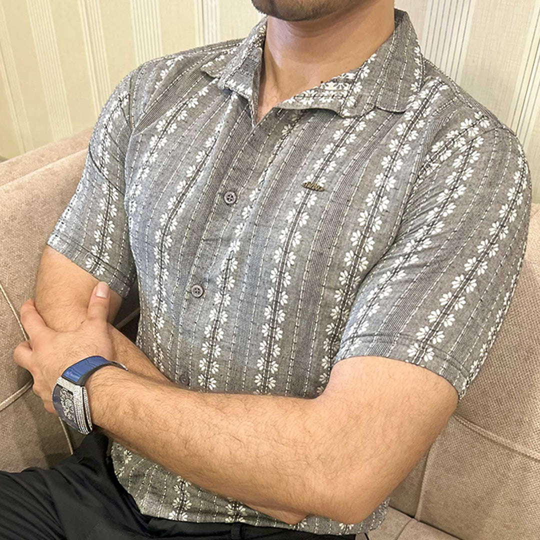 Turbo Cubin Textured Striped Casual Shirt In Charcoal Grey