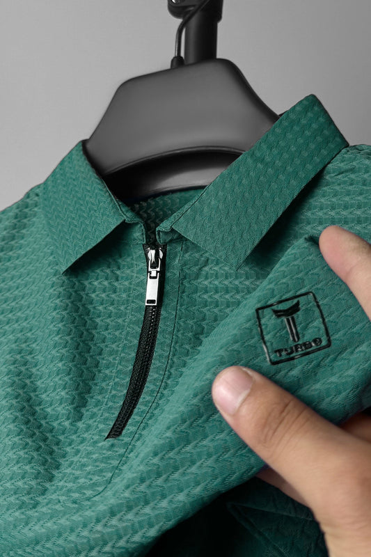 Turbo Elite Weave Textured Zipper Men's Polo Shirt In Light Green