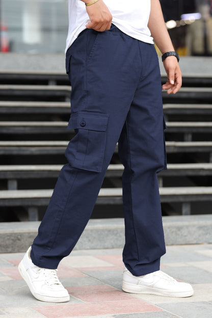 Turbo's 6 Pockets Loose Bottom Cargo Trouser In Navy Blue
