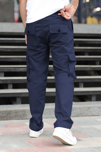 Turbo's 6 Pockets Loose Bottom Cargo Trouser In Navy Blue